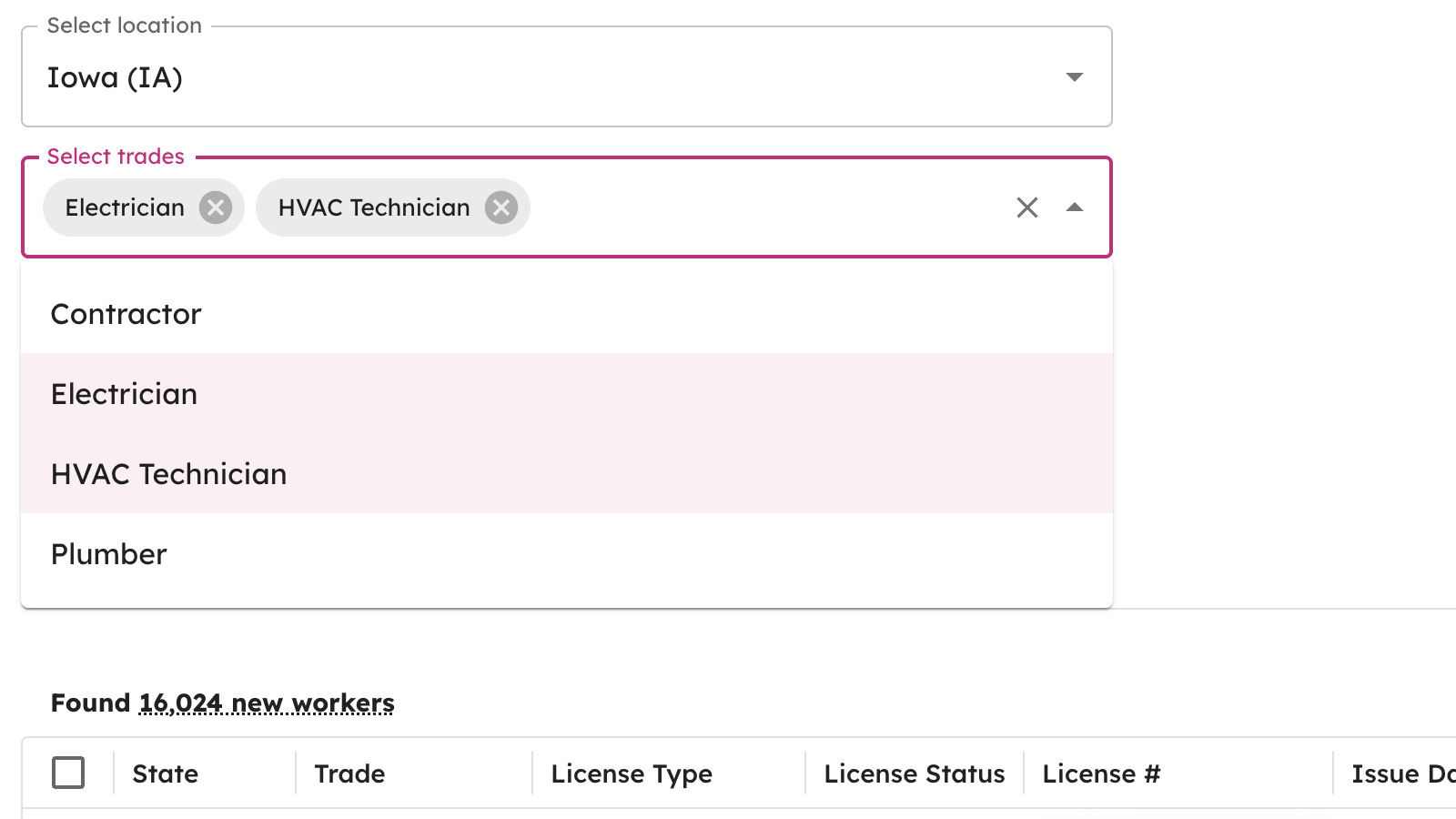 A screenshot of the Wednesday platform showing state and trade selection.