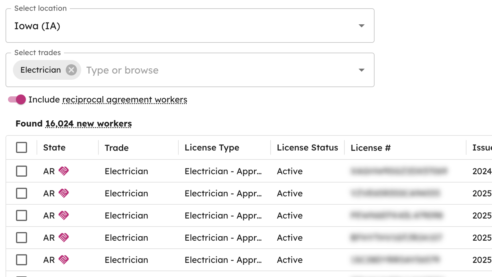 A screenshot of the Wednesday platform showing reciprocity state agreement results between Iowa and Arkansas